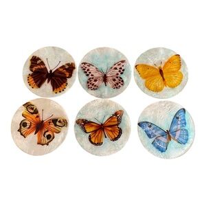 Vintage Butterfly Mother of Pearl Coasters Set (6) Made in Philippines.